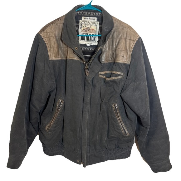 Vintage New Zealand Outback Jacket L Cotton Shell Leather Trim Aztec Wool Lining